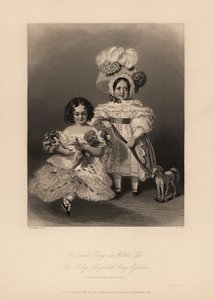Viscount Gray de Wilton og Elizabeth Gray Egerton, barn av Thomas Egerton, 2. jarl av Wilton. Datter i ringlets og frilly kjole som holder en dukke, og sønn i kjole og fjærpanser holder et bånd knyttet til en lekehest. Stålgravering av Henry