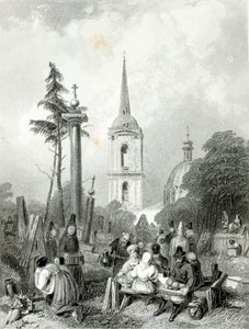 Kirkegården til Smolensko-kirken, gravert av E.Smith av Alfred (after) Vickers