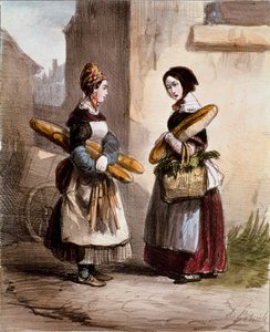 Små metiers: bakeriet. Ung gående brødhandler. Trykk av Alfred Andre Geniole (1813-1861) fra «Les femmes de Paris» 1841-1842 Paris, Musee Carnavalet