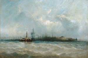 New York fra havnen som viser batteriet og slottshagen, 1858. av Alfred Copestick