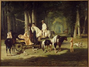 Herr og fru A. Mosselman og deres to døtre går gjennom skogen på hesteryggen. Maleri av Alfred de Dreux (1810-1860) 1848 Søn. 2x2,65 m Paris, museum for Petite Palais