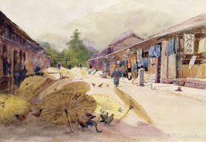 Tørke paraplyer etter en regnstorm, ca. 1889 (akvarell på papir) av Alfred East