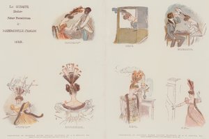 Faksimiler av originale vannfargetegninger, designet for å satirisere moten i årets kvinnelige hodekjoler 1828 (chromolitho)