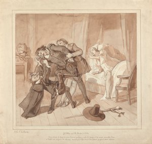Gil Blas, mens han praktiserer medisin under Dr. Sangrado, møter Dr. Cuchillo ved sengen til kjøpmannen av Alfred Edward Chalon