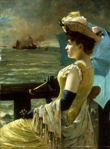 En dame med en parasoll ser ut mot havet, av Alfred Emile Stevens