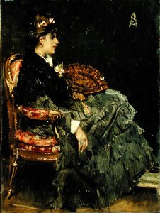 Sittende dame med vifte (olje på panel) av Alfred Emile Stevens
