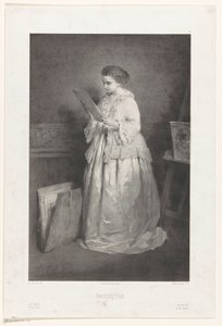Jonge vrouw bekijkt een prent of tekening Indiscrétion (title on object)   1383408   no       norwegian Successfully Translated  Original: Preparatory decoration for the play "Sister Beatrice" by Maurice Maeterlinck Translat: Preparatory decoration for the av Alfred François Lemoine