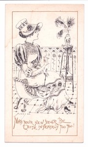 Viktoriansk nyttårskort av en estetiker som beundrer en vase med påfuglfjær, ca. 1881 (monokrom) av Alfred Gray