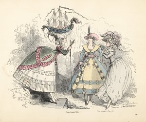 Kvinne iført et slagskip i puffhodeplagget hennes, kong Louis XIVs tid