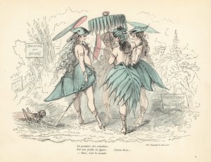 Kvinner kledd kun i fikenbladskjoler og hatter, holder blad pa
