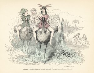 Kvinner i dyreskinn og fjær som rir på strutser og svaner. av Alfred Grevin