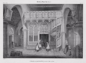 Utskåret treskjerm av kapellet i Notre Dame de Lambader, Plouvorn, Bretagne, Frankrike (litho) av Alfred Guesdon