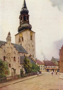 Danmark: Aalborg domkirke, Nordjylland (farge litho) av Alfred Heaton Cooper