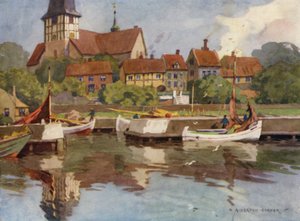 Danmark: Bornholm, Rønne havn (farge litho) av Alfred Heaton Cooper