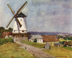 Danmark: Dybbol Mill, Sønderborg, på slagmarken i 1864 (farge litho) av Alfred Heaton Cooper