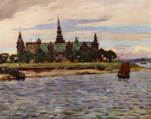 Danmark: Helsingør, Kronborg slott (farge litho) av Alfred Heaton Cooper