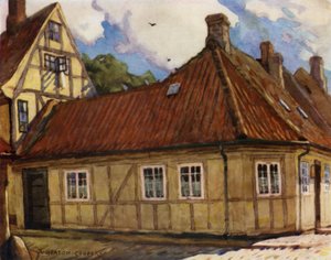 Danmark: Odense, fødestedet til Hans Andersen (farge litho) av Alfred Heaton Cooper