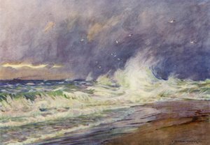 Danmark: Skagen, møtet mellom Nordsjøen og Kattegat (farge litho) av Alfred Heaton Cooper