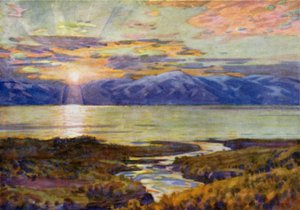 Midnattssol over innsjøen Torne Trask, fra Abisko av Alfred Heaton Cooper