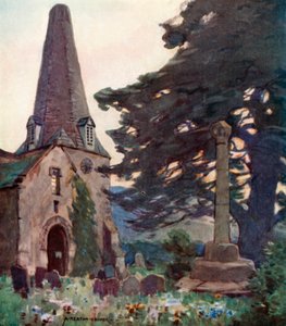 Porlock kirke og kors (farge litho) av Alfred Heaton Cooper