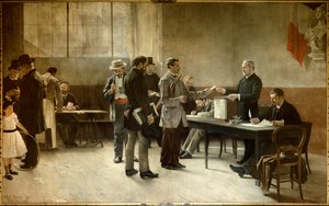 Allmenn stemmerett Et valglokale i 1891. Maleri av Alfred Bramtot (1852-1894) 1891 les Lilas, Rådhuset av Alfred Henri Bramtot
