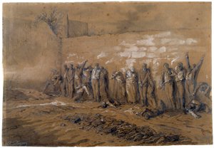 Commune de Paris: henrettelse av 147 krigere fra kommunen på veggen til Federes ved Pere Lachaise i Paris 28.05.1871. Blekktegning av Alfred Henri Darjou (1832-1874) Paris, Musee Carnavalet