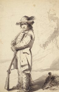 A Rocky Mountain Trapper, Bill Burrow, ca. 1837 (blyant, penn og blekk og vask på papir) av Alfred Jacob Miller