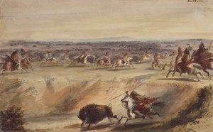 A Surround or Hunting the Buffalo, ca. 1839 (blyant, penn og blekk, akvarell og gouache på papir) av Alfred Jacob Miller