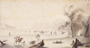 Bull Boating Across the Platte, ca. 1837 (tegning på papir) av Alfred Jacob Miller
