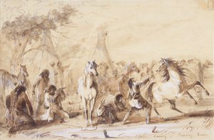 Evening, Picketing Horses, ca. 1837 (blyant, vask og gouache på papir) av Alfred Jacob Miller