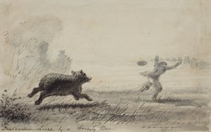 Fontenelle Chased by a Grizzly Bear, ca. 1837 (penn, blekk og vask på papir) av Alfred Jacob Miller