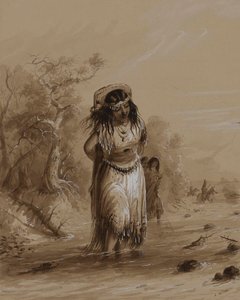 Indiansk jente med papoose som krysser en bekk av Alfred Jacob Miller
