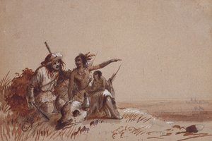 Kansas Indian Recounting to a Trapper, av Signs, the Migration of Buffalo, ca. 1837 (blyant og brune og svarte vasker på papir) av Alfred Jacob Miller