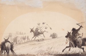 Mule kaster av seg sekken, ca. 1837 (blyant, penn og blekk, og vask på papir) av Alfred Jacob Miller