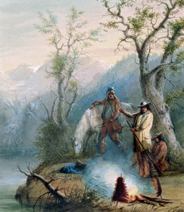 Roasting the Hump Rib, 1837 (wc forhøyet med hvitt på papir) av Alfred Jacob Miller