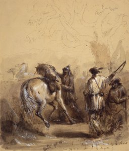 Sir W.D.S., Antoine og Auguste eller forbereder seg på en bøffeljakt, ca. 1837 (penn og blekk, vask og gouache på papir) av Alfred Jacob Miller
