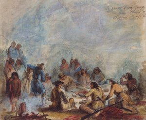 Soloppgang, fangstmenn og reisende ved måltidene deres av Buffalo Hump Rib, ca. 1837 (akvarell på papir) av Alfred Jacob Miller