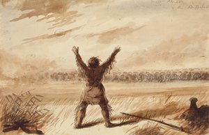 Trapper Disturbed in Rest by a Herd of Buffalo, ca. 1837 (blyant, penn og blekk, og vask på papir) av Alfred Jacob Miller