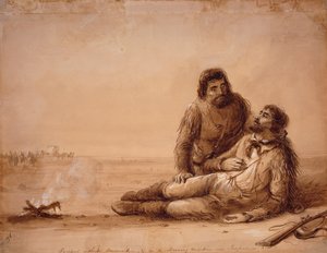Fangstmenn uten ammunisjon og i en sultende tilstand nær Independence Rock, ca. 1850 (sepiavask på papir) av Alfred Jacob Miller