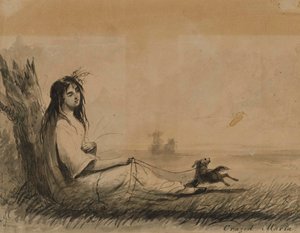 Liggende kvinner med hund i bånd (fra Laurence Sterne, «En sentimental reise», 1768) av Alfred Jacob Miller