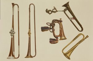 Kavaleritrompet, en bugle, en forgylt trompet laget av John Harris ca. 1730, en trompet og en sølvmontert trompet av William Ball ca. 1680, fra 