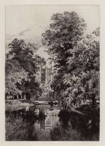 Cambridge: The Cam nær Trinity College, med Tower of St John's Chapel (radering)