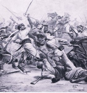 Nicholsons nederlag for opprørerne ved Najafgarh, 2. august 1857, illustrasjon fra British Battles on Land and Sea, 1915 av Alfred Pearse