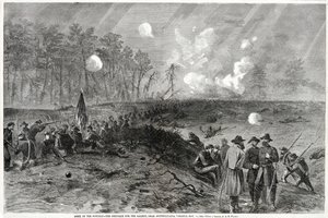 Army of the Potomac - Kampen for de fremtredende, nær Spottsylvania, Virginia. 12. mai 1864, fra Harpers Weekly, pub. 1864 av Alfred Rudolph Waud