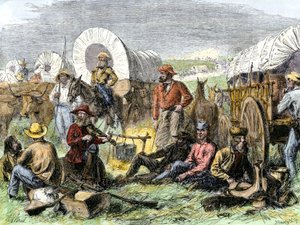Historien om de vestlige erobrernes nybyggere: Amerikanske pionerer. Reisendes leir ved Nattens grav nær Diligences, USA. Fargerik gravering fra 1800-tallet. av Alfred Rudolph Waud