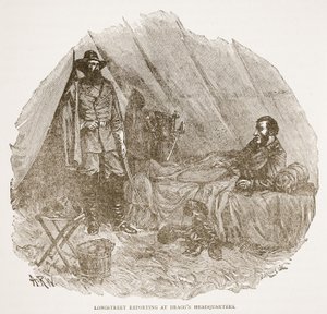 Longstreet Reporting ved Braggs hovedkvarter, fra en bokpub. 1896