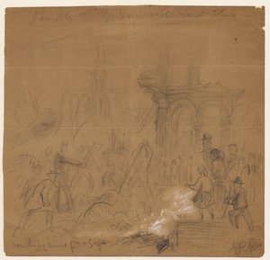 Søker ruiner etter en safe etter Chicago-brannen i 1871 (blyant og kritt på papir) av Alfred Rudolph Waud