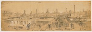 Utsikt fra Erie Street Bridge mot øst under Chicago-brannen i 1871