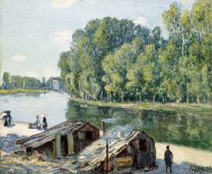 Hytter langs Canal du Loing, effekt av sollys, 1896 av Alfred Sisley