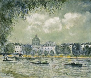 Landskap langs Seinen med Institut de France og Pont des Arts, ca. 1875 av Alfred Sisley